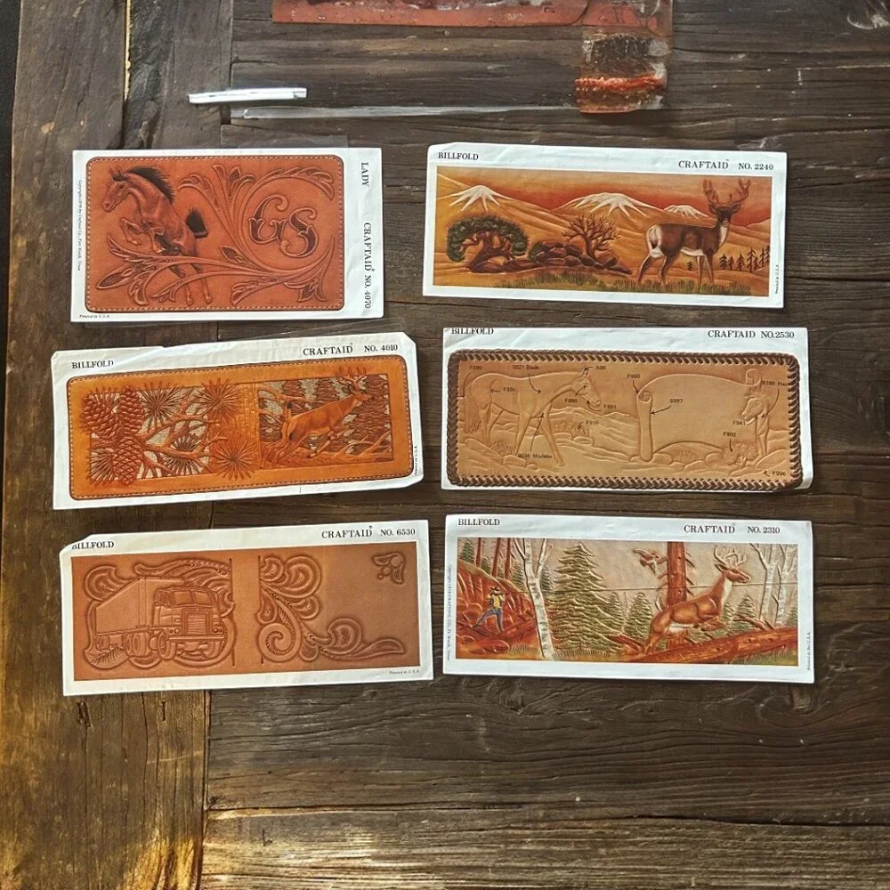 Lot of 6 Vintage Craftaid Leather Billfold Patterns Templates Woodland Western - Picture 2 of 9